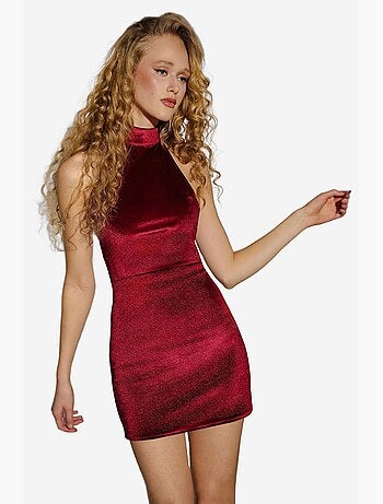 Vestido curto justo em veludo com gola halter hiccup