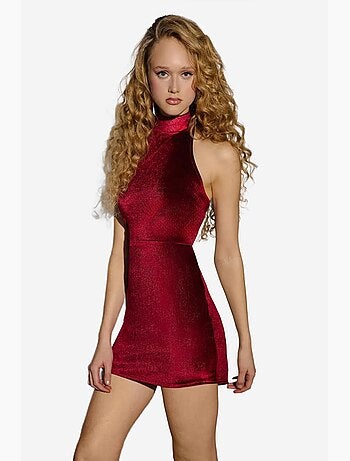 Vestido curto justo em veludo com gola halter hiccup