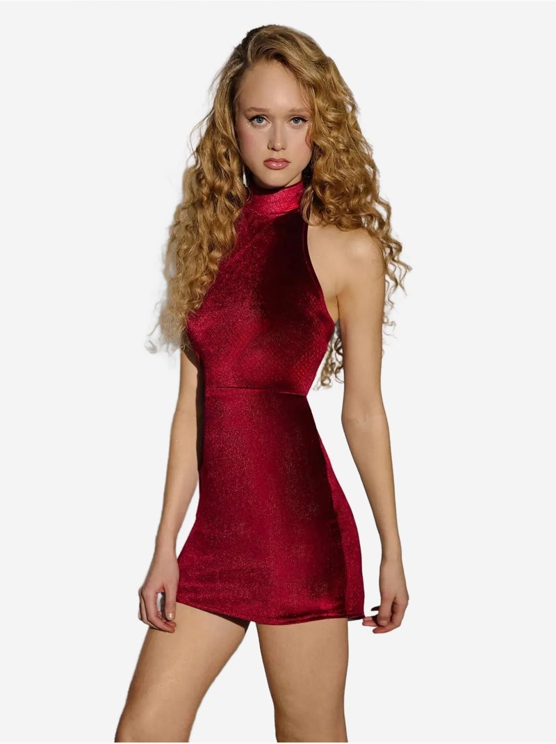 Vestido curto justo em veludo com gola halter hiccup Vermelho - Kiabi