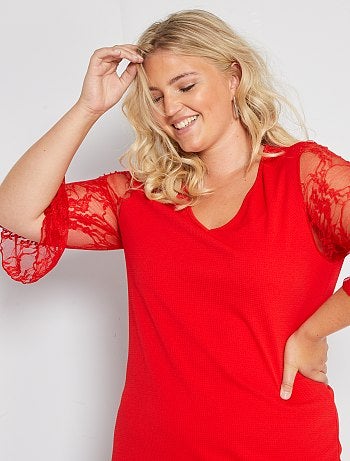 Vestido curto mangas em renda - Kiabi