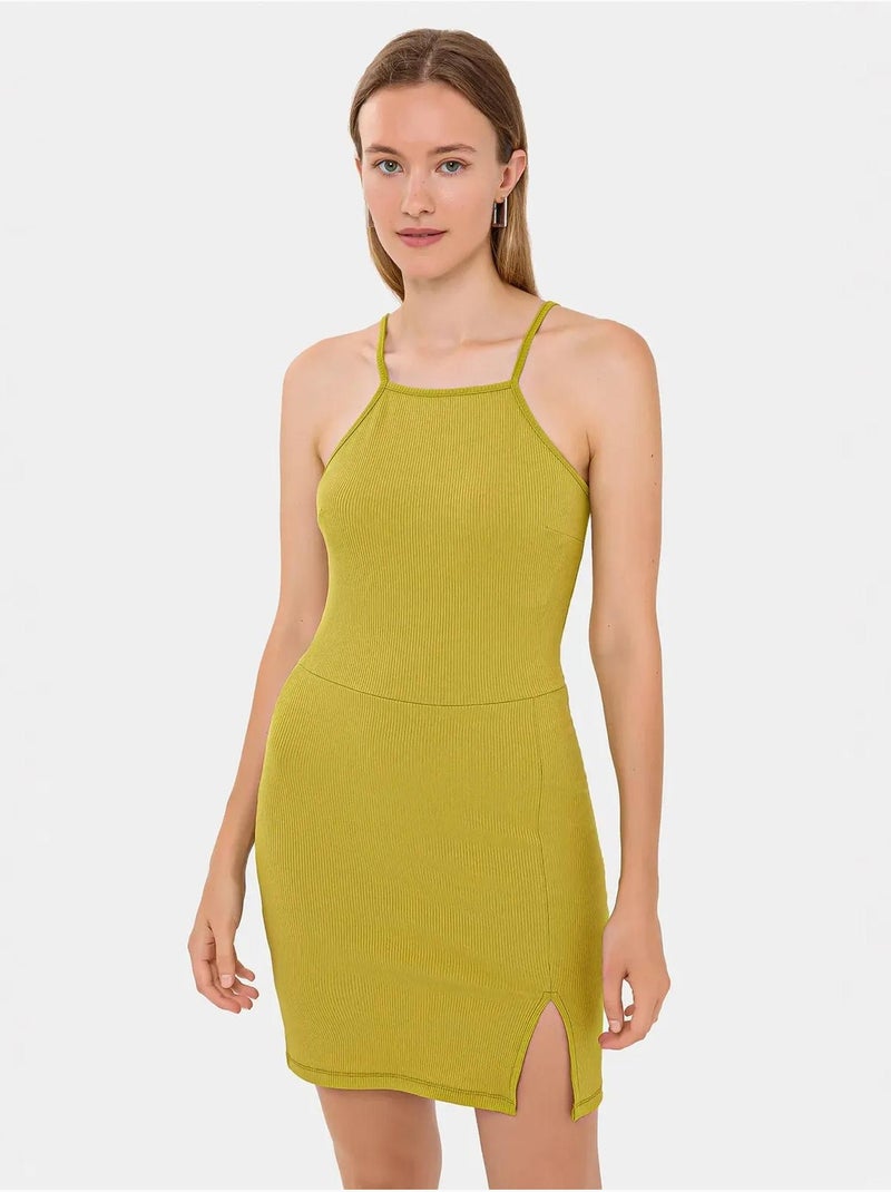 Vestido curto sem mangas com decote halter e racha lateral Verde - Kiabi
