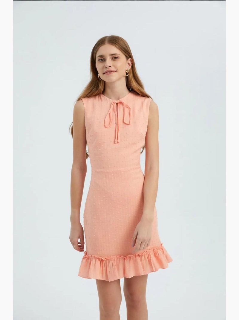Vestido curto sem mangas com decote redondo e cordão e folhos hiccup Laranja - Kiabi
