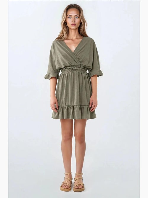Vestido curto texturado com decote em v hiccup - Kiabi Vestido curto texturado com decote em v hiccup - Kiabi