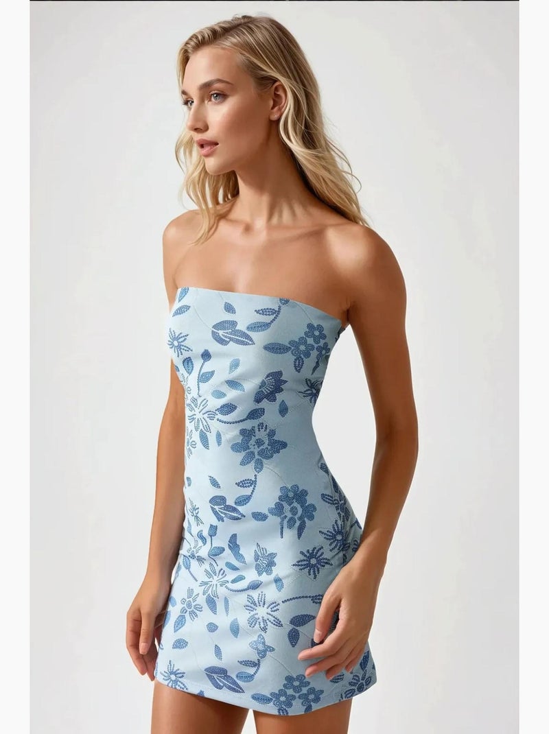 Vestido curto texturizado sem alças e justo hiccup Azul - Kiabi