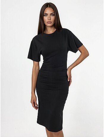 Vestido curto tipo t-shirt com gola redonda e drapeado busem