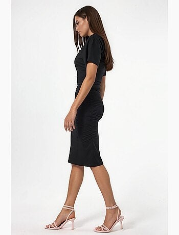 Vestido curto tipo t-shirt com gola redonda e drapeado busem