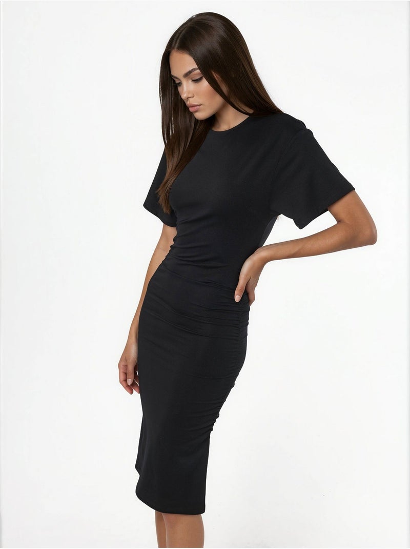 Vestido curto tipo t-shirt com gola redonda e drapeado busem Cinza-preto - Kiabi