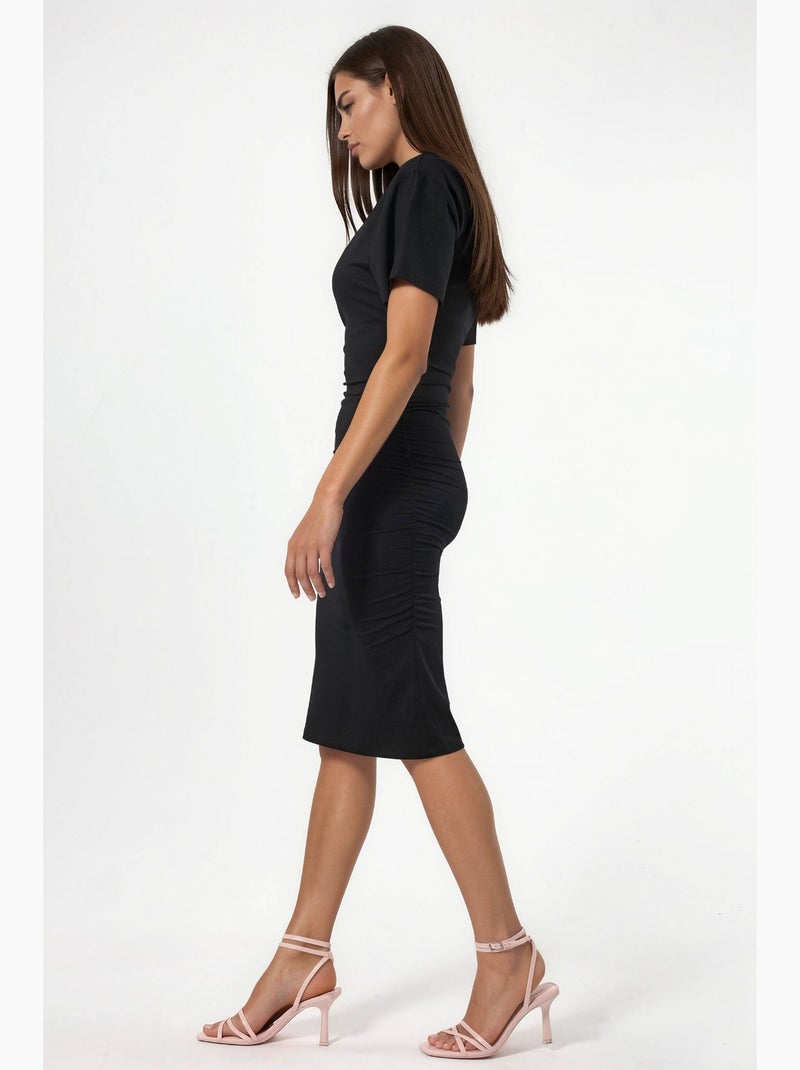 Vestido curto tipo t-shirt com gola redonda e drapeado busem Cinza-preto - Kiabi