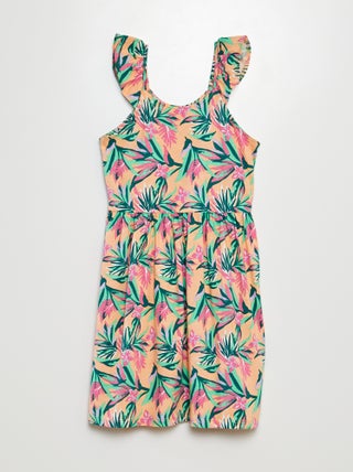 Vestido de alças com folhos e motivos