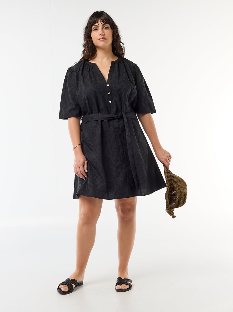 Vestido de algodão com bordado inglês Preto - Kiabi