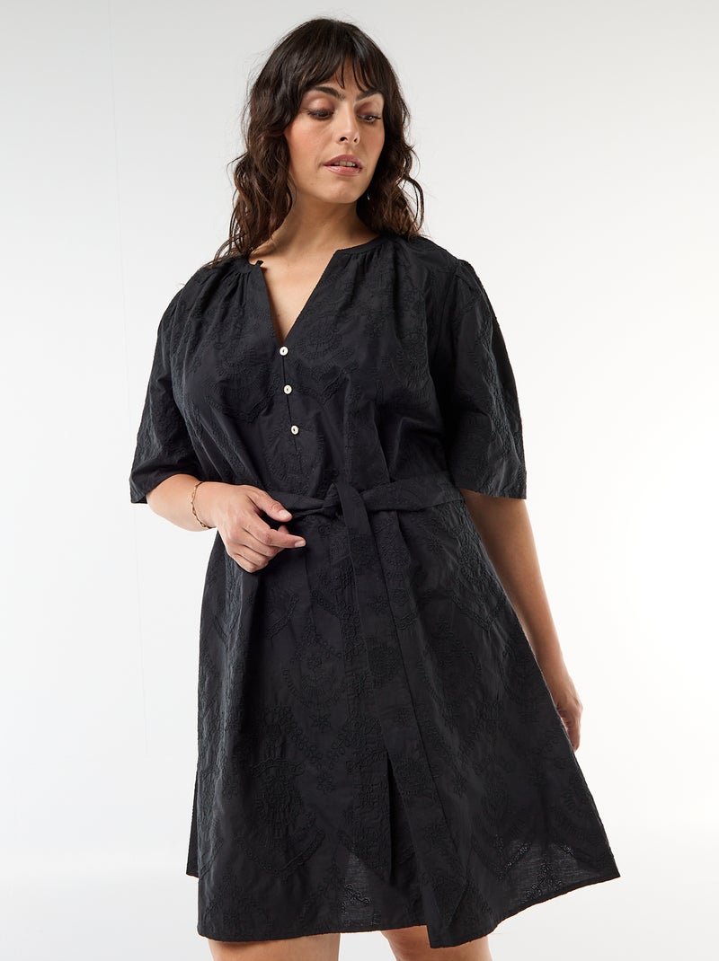 Vestido de algodão com bordado inglês Preto - Kiabi