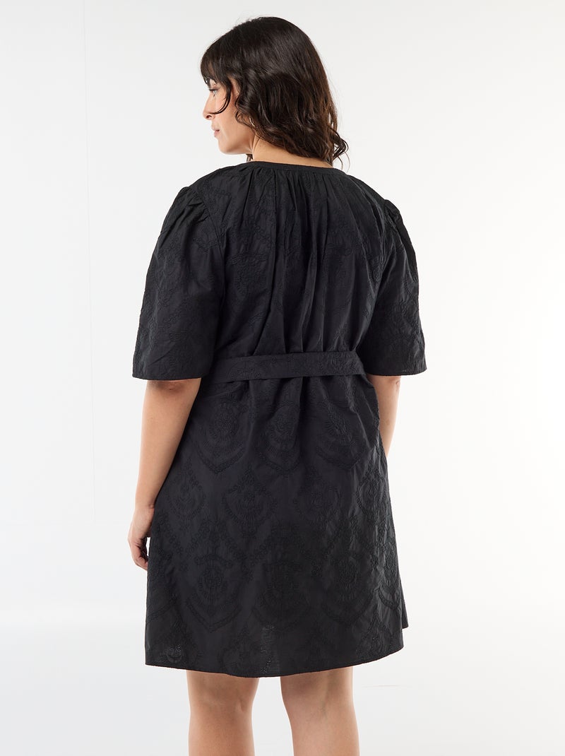 Vestido de algodão com bordado inglês Preto - Kiabi