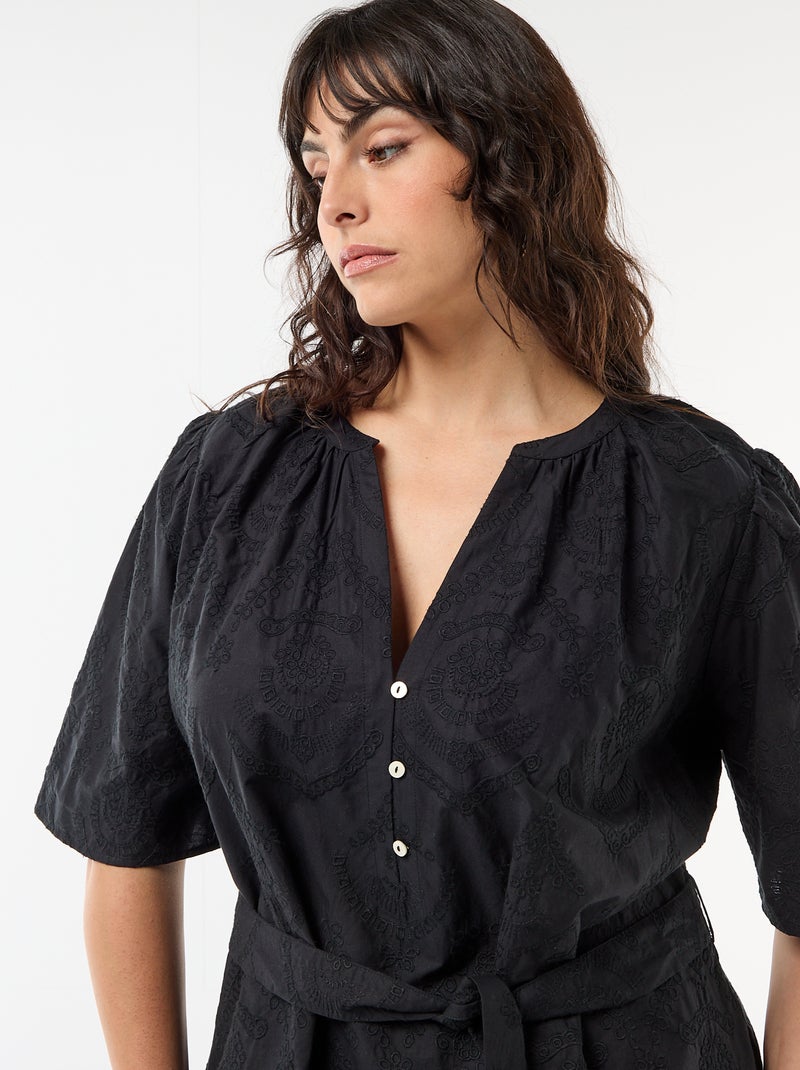Vestido de algodão com bordado inglês Preto - Kiabi