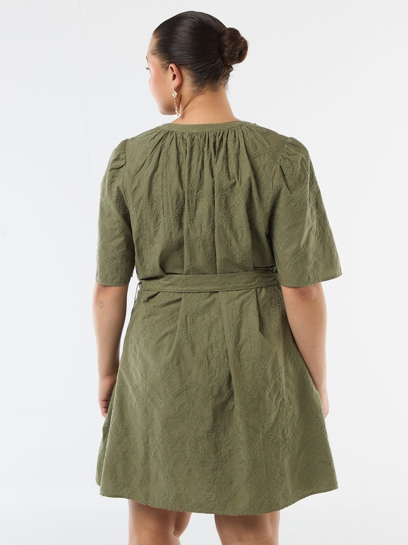 Vestido de algodão com bordado inglês Verde - Kiabi