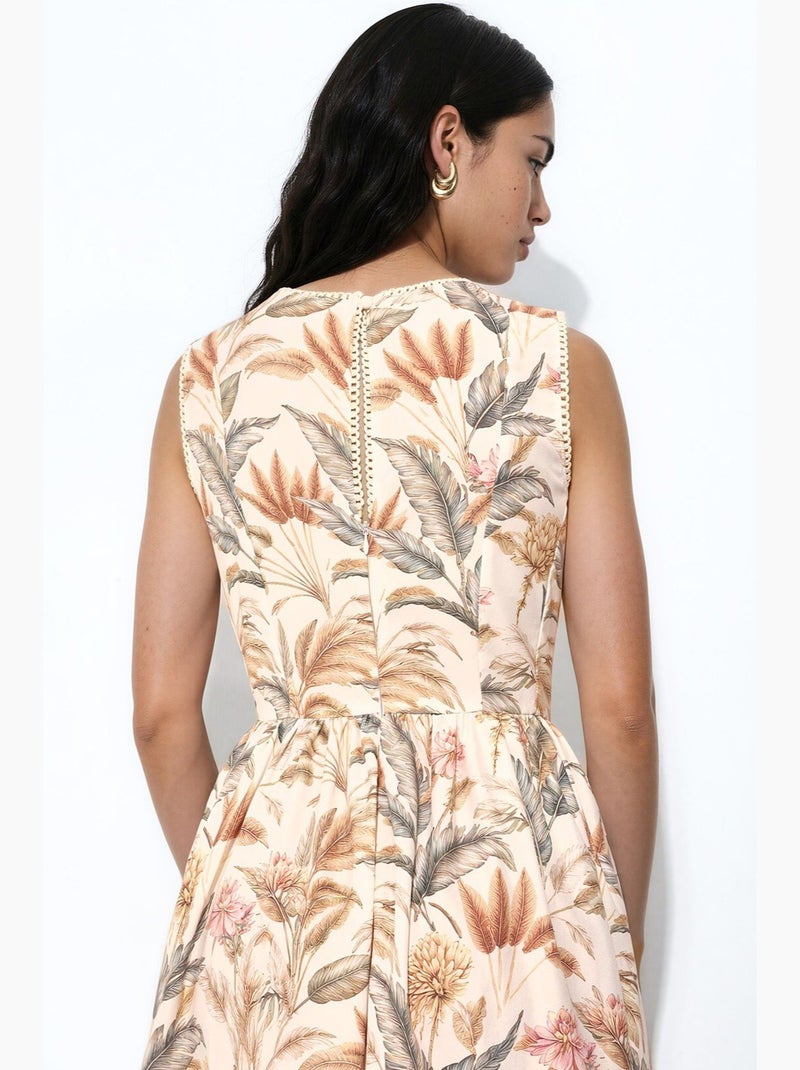 Vestido de algodão com detalhe em renda hiccup Creme - Kiabi