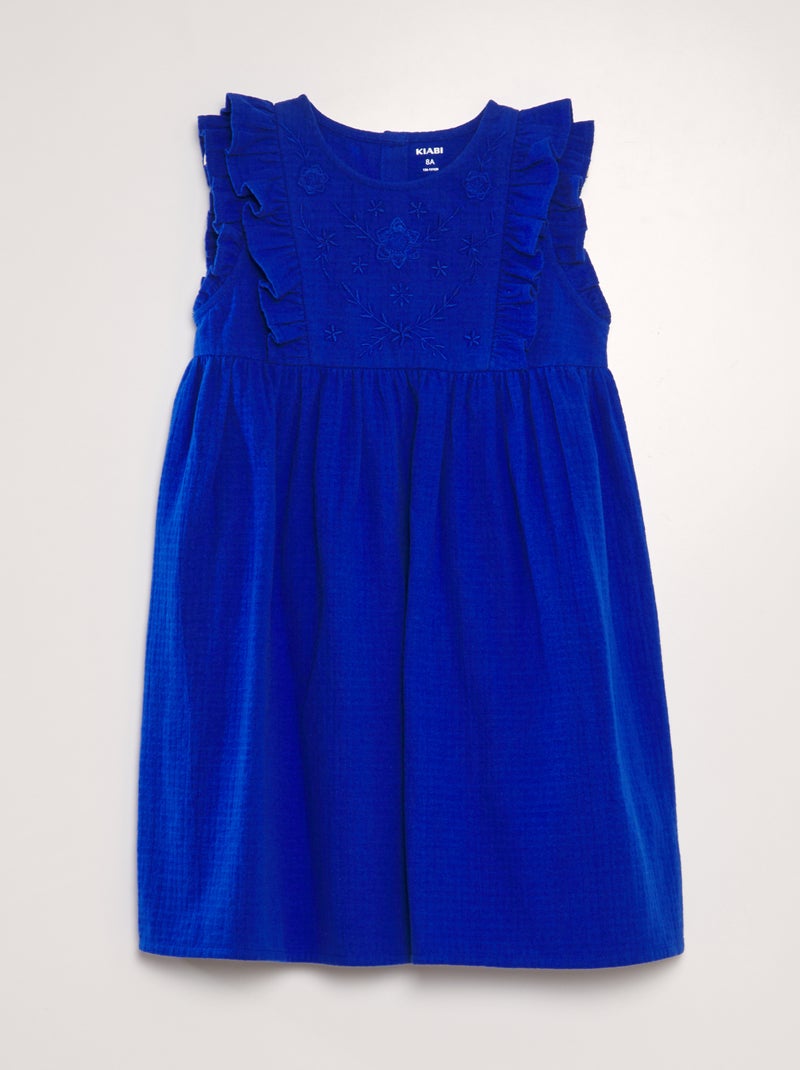 Vestido de algodão dobby com folhos e bordado Azul - Kiabi