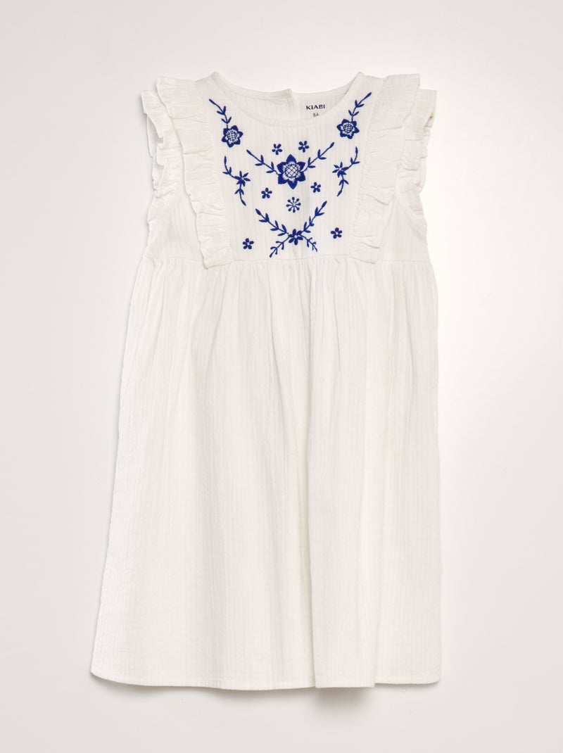 Vestido de algodão dobby com folhos e bordado Branco - Kiabi