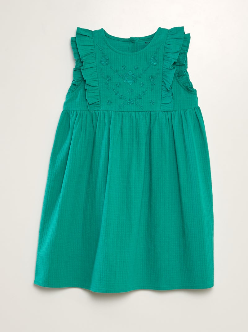 Vestido de algodão dobby com folhos e bordado VERDE - Kiabi