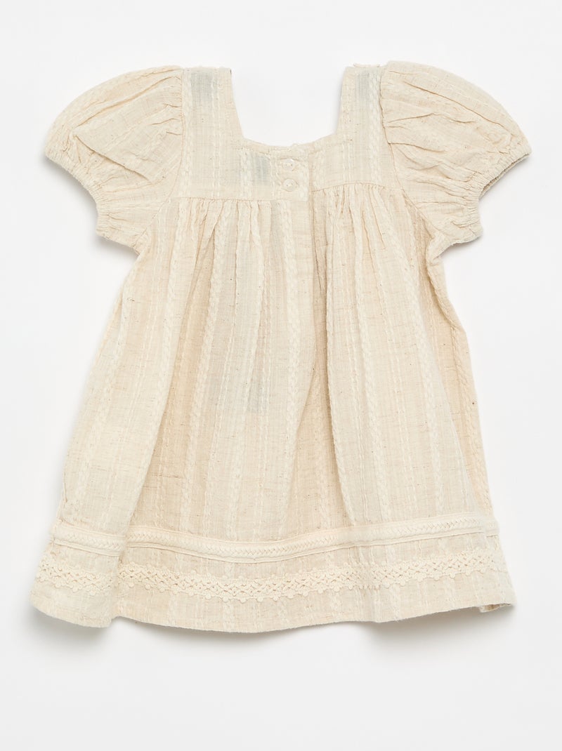 Vestido de algodão e linho com detalhes em macramé Cru - Kiabi