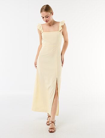 Vestido de cerimónia com alças com folhos