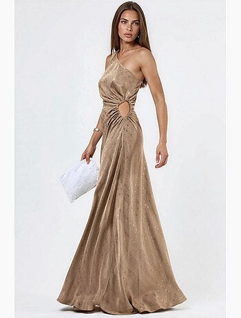 Vestido de cetim com padrão, um ombro e detalhe cut-out hiccup