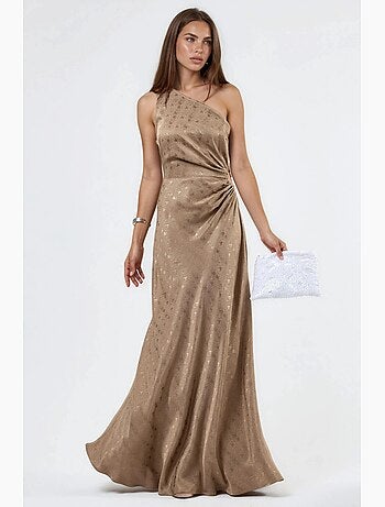 Vestido de cetim com padrão, um ombro e detalhe cut-out hiccup