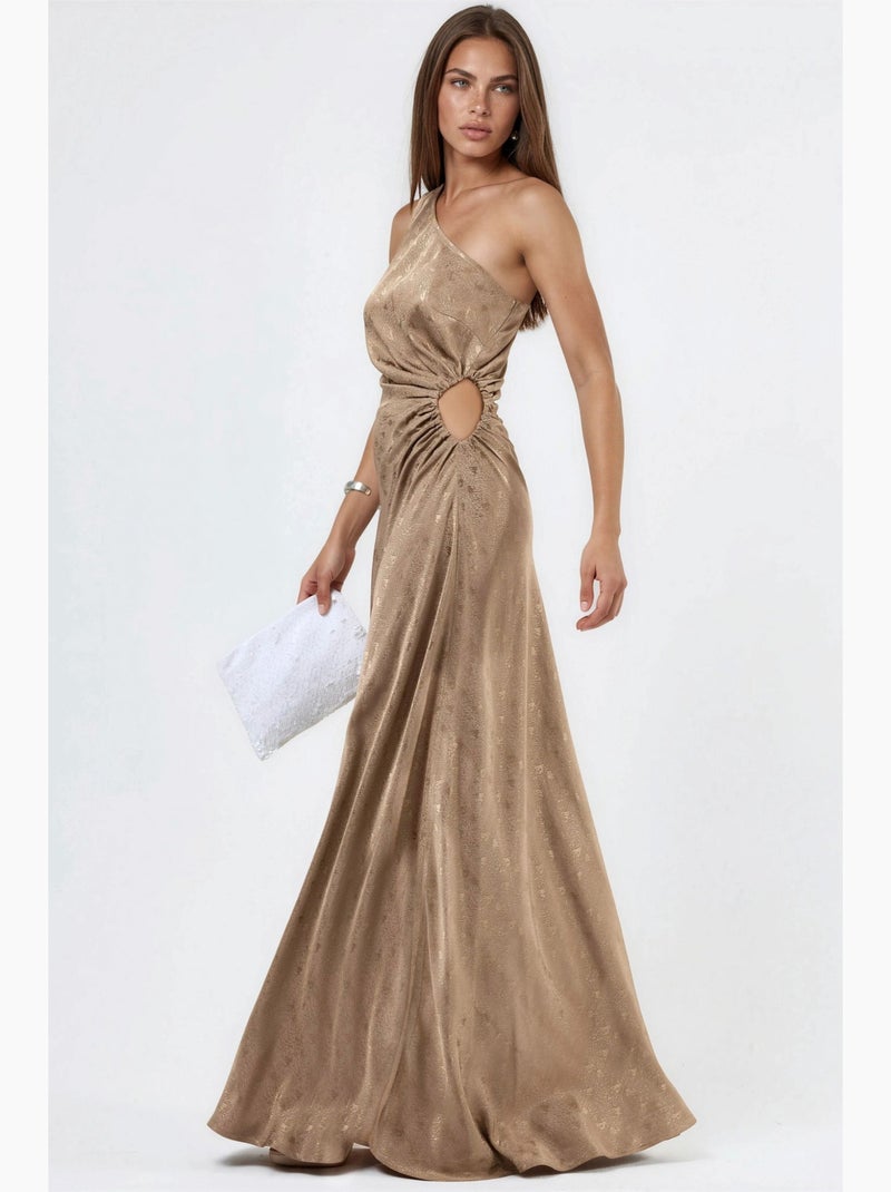 Vestido de cetim com padrão, um ombro e detalhe cut-out hiccup Camelo - Kiabi