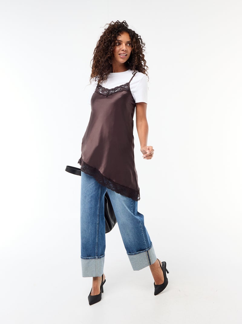 Vestido de cetim com renda Castanho - Kiabi