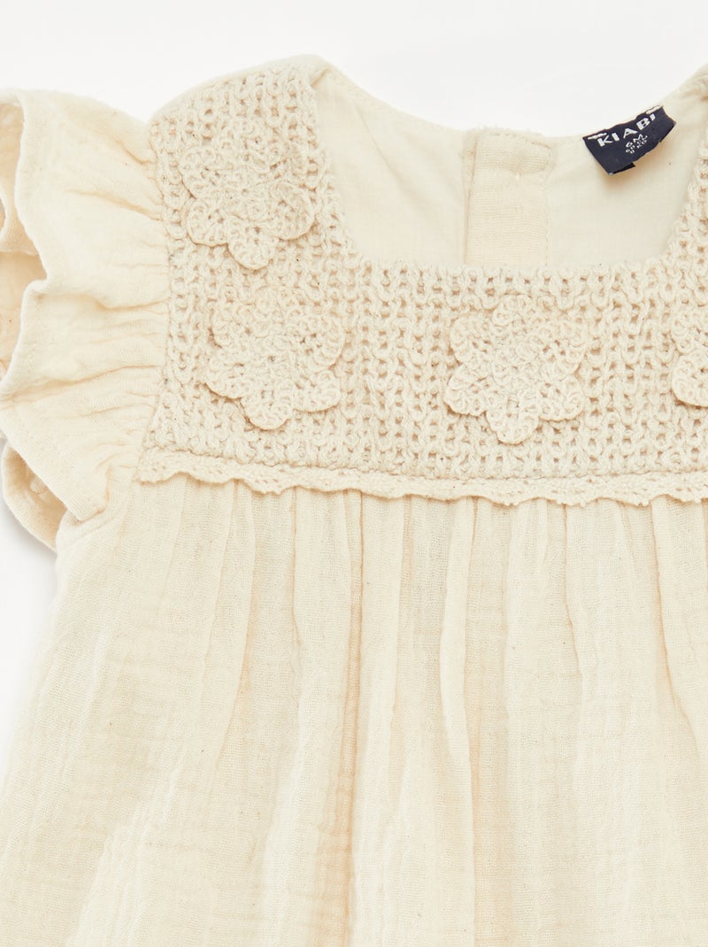 Vestido de croché em gaze de algodão BRANCO - Kiabi