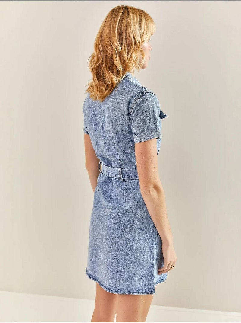 Vestido de ganga com cinto e botões de pressão lucci Azul claro - Kiabi