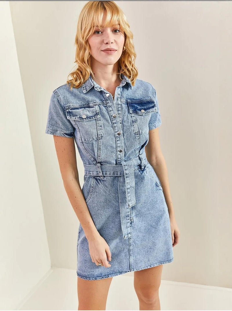 Vestido de ganga com cinto e botões de pressão lucci Azul claro - Kiabi