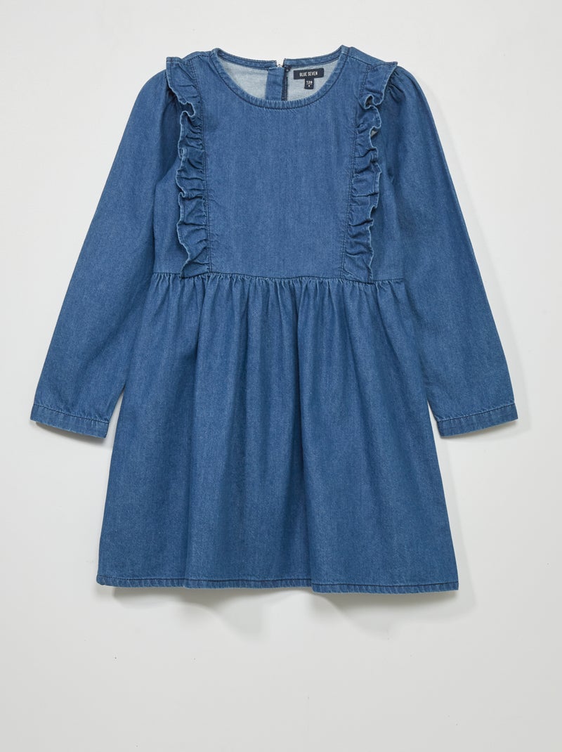 Vestido de ganga com folhos AZUL - Kiabi