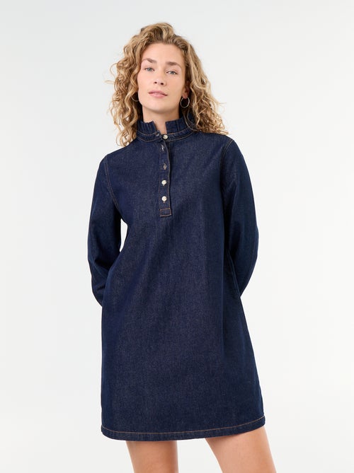 Vestido de ganga com gola com folhos - Kiabi