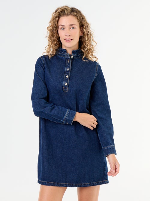Vestido de ganga com gola com folhos - Kiabi