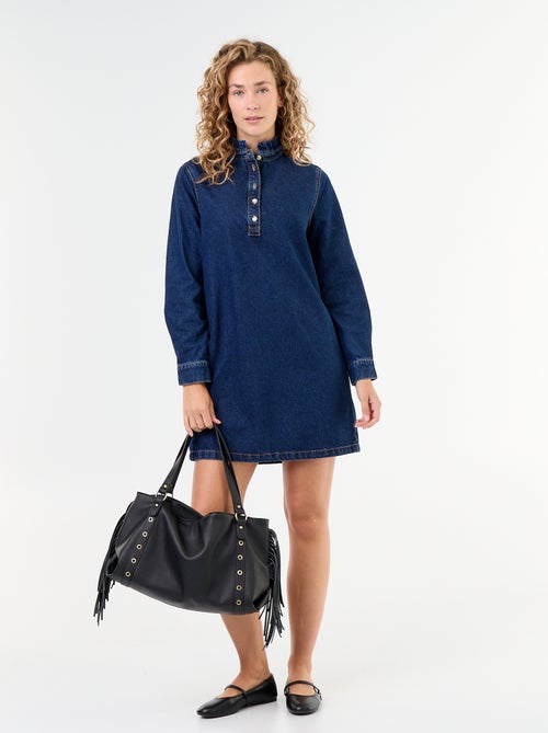 Vestido de ganga com gola com folhos - Kiabi