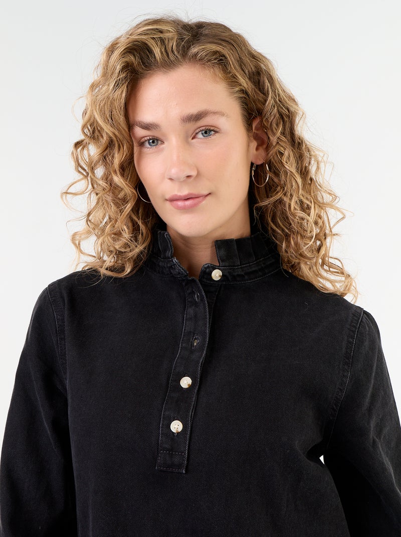 Vestido de ganga com gola com folhos Preto - Kiabi