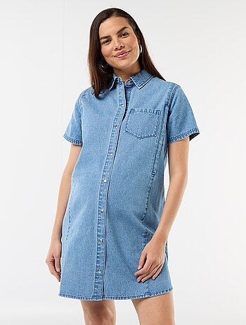 Vestido de ganga de amamentação com corte de jardineira