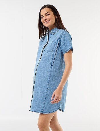 Vestido de ganga de amamentação com corte de jardineira
