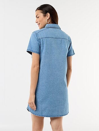Vestido de ganga de amamentação com corte de jardineira