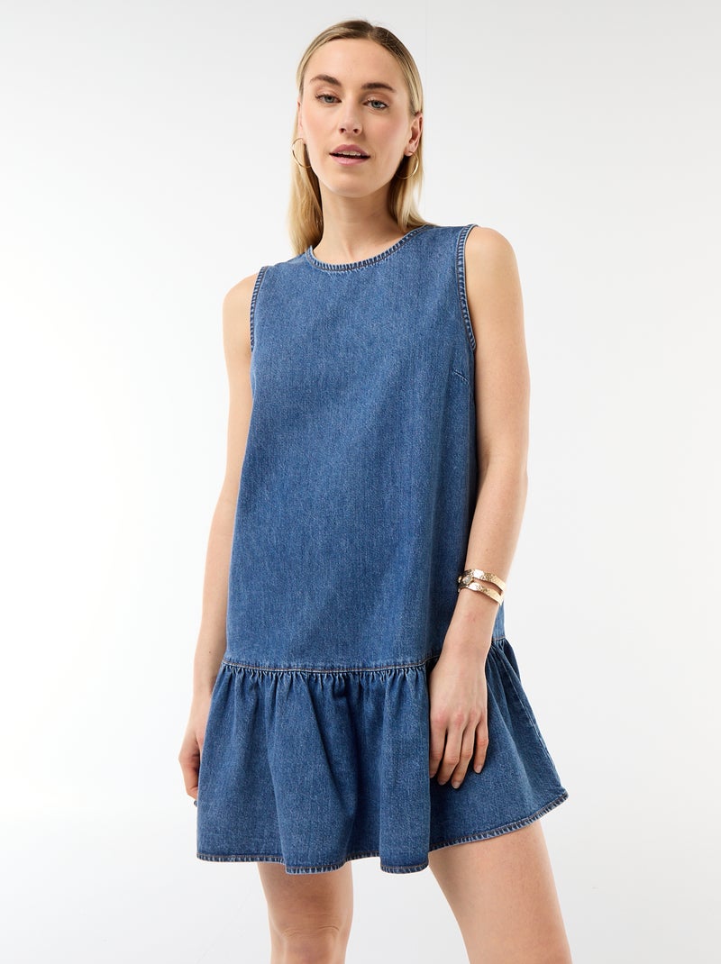 Vestido de ganga sem mangas com folho Azul - Kiabi