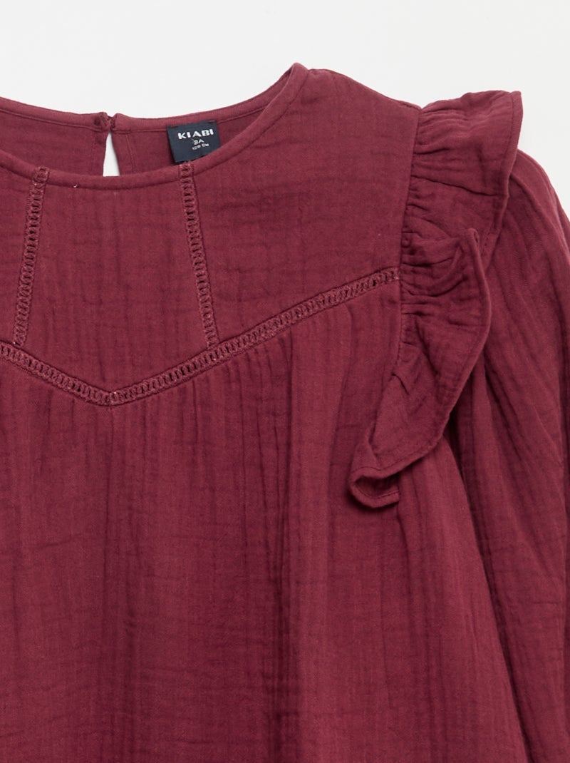 Vestido de gaze de algodão com folhos nas cavas Violeta - Kiabi