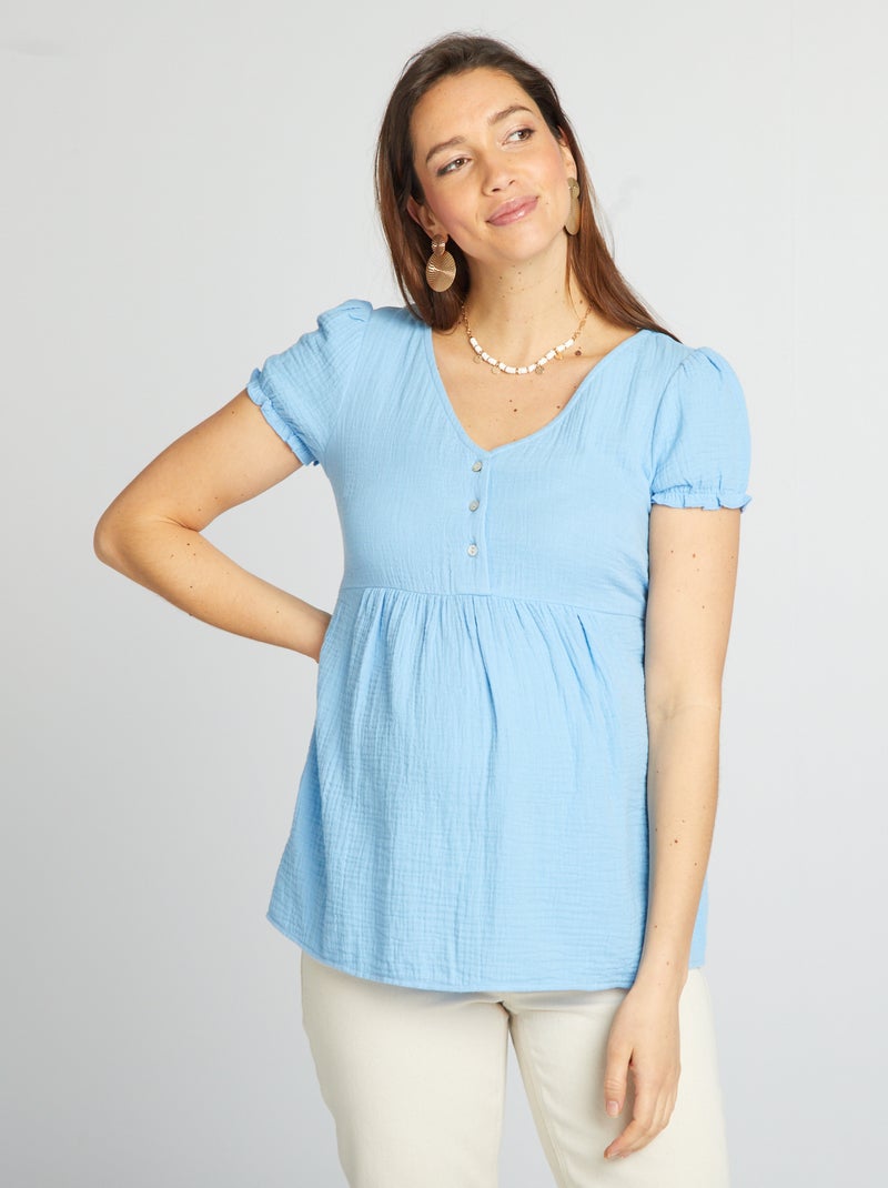 Vestido de grávida estilo camisa em gaze de algodão AZUL - Kiabi