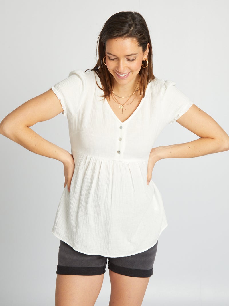 Vestido de grávida estilo camisa em gaze de algodão Branco - Kiabi