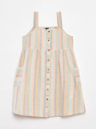 Vestido de linho misturado com abertura com botões