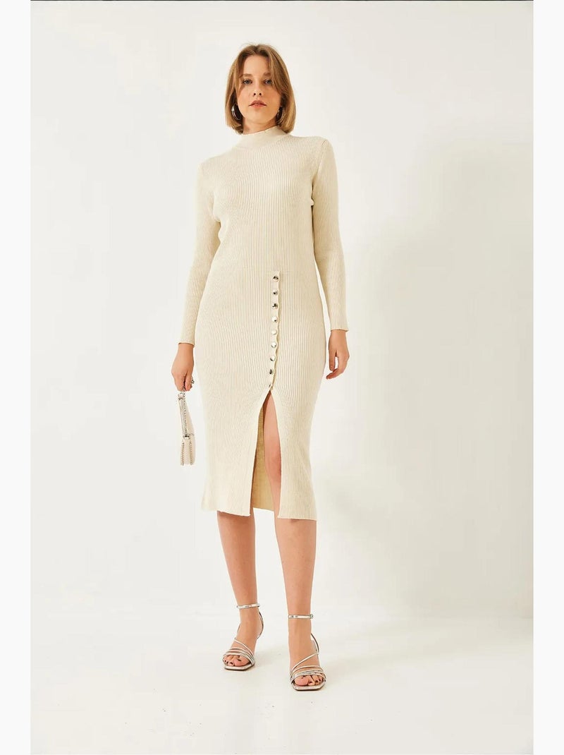 Vestido de malha canelada com botões lucci Bege-argila - Kiabi