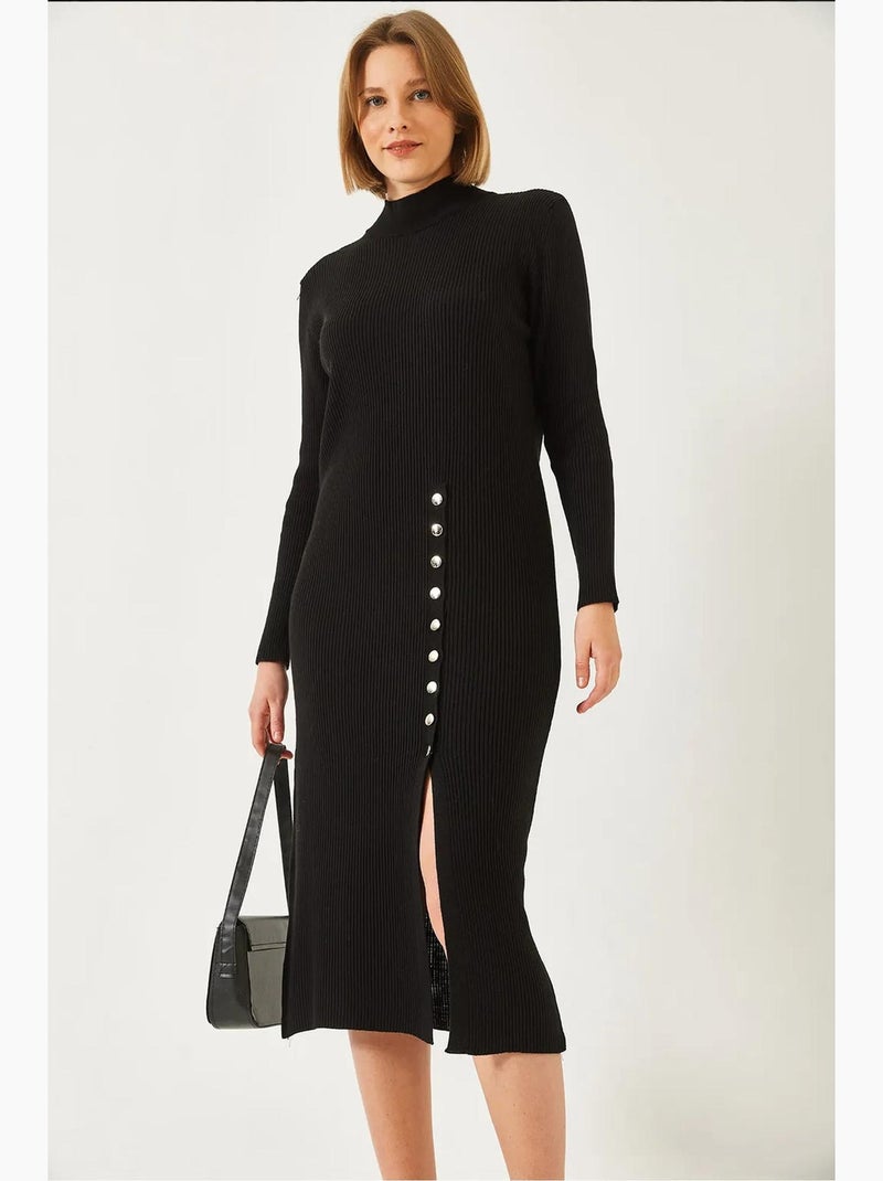 Vestido de malha canelada com botões lucci Preto - Kiabi