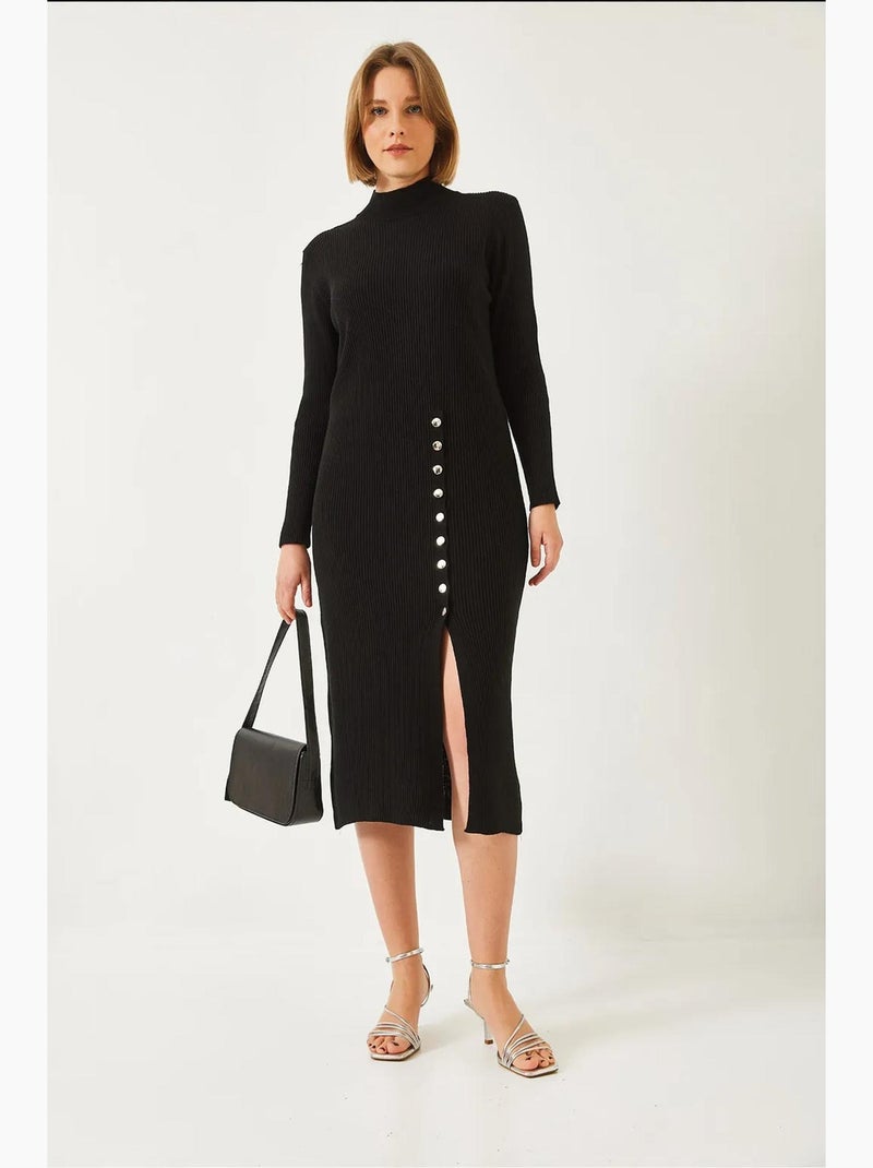 Vestido de malha canelada com botões lucci Preto - Kiabi