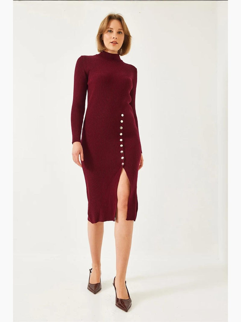 Vestido de malha canelada com botões lucci Vermelho bordô - Kiabi