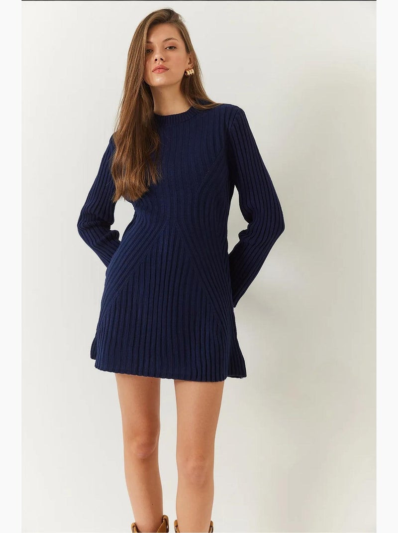 Vestido de malha canelada com gola redonda lucci Azul-marinho - Kiabi