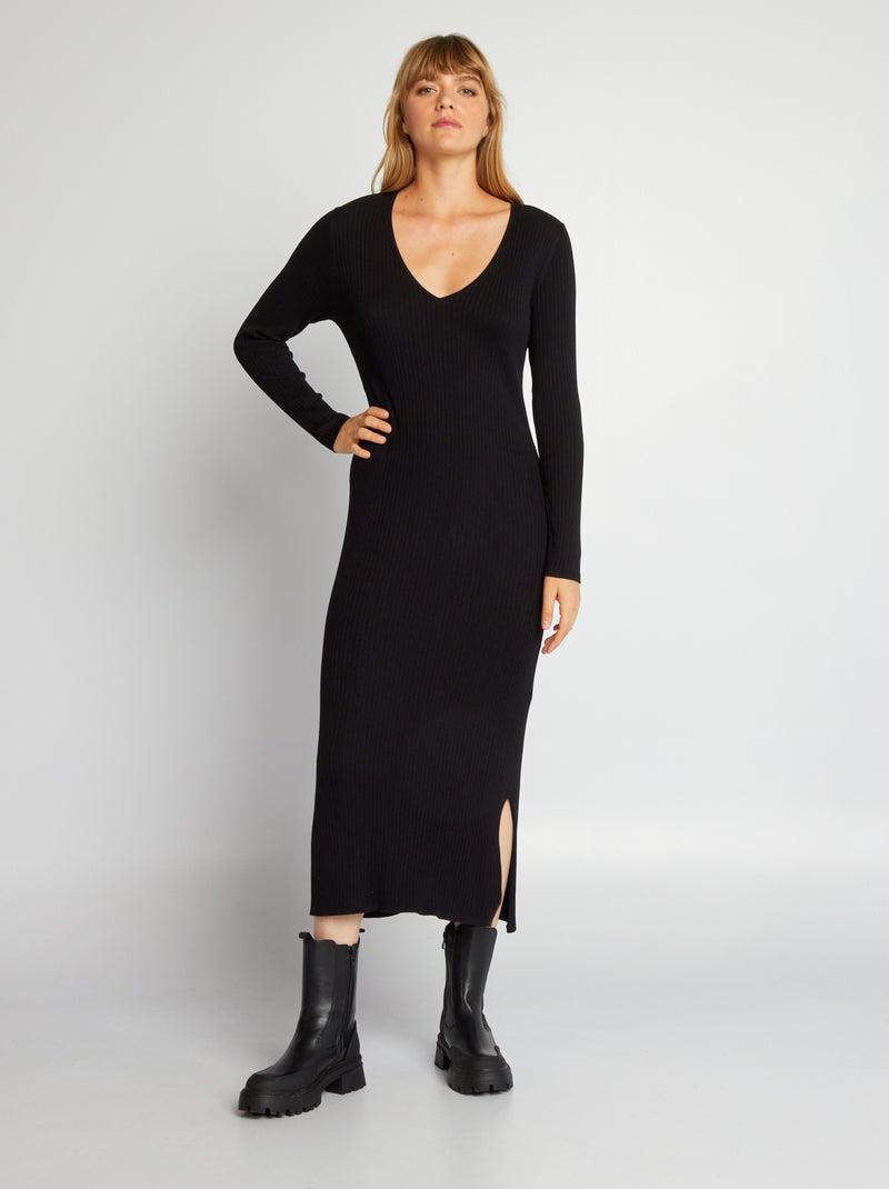 Vestido de malha canelada Preto - Kiabi
